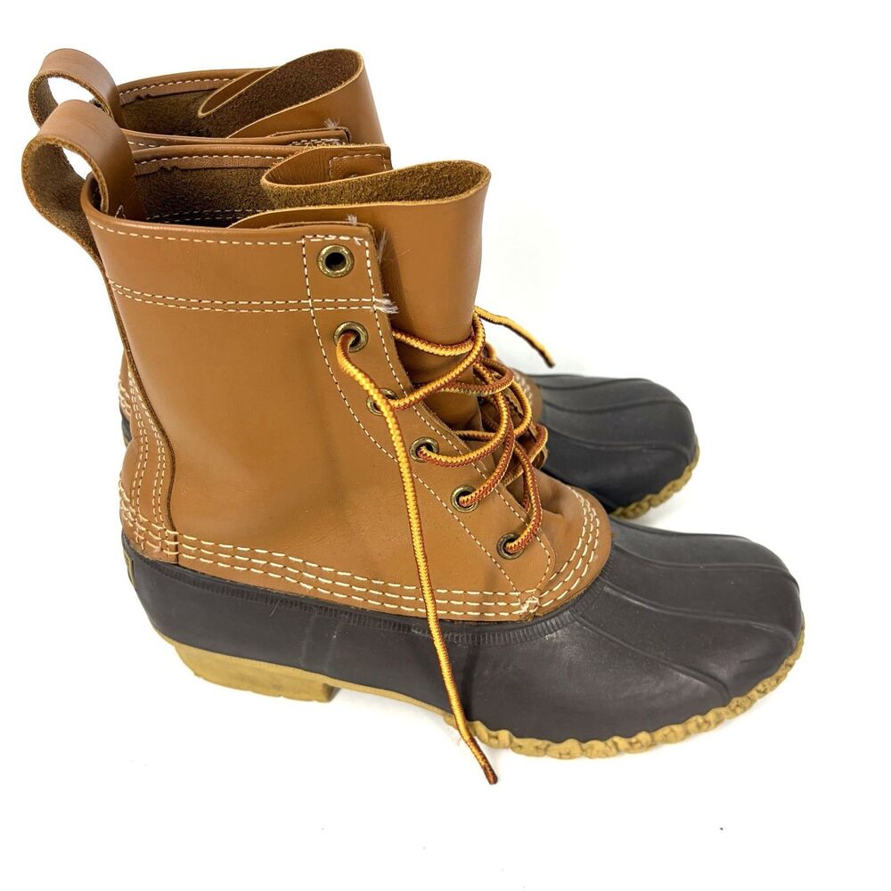 LL Bean Boots Size 8 Womens Tan Brown Leather Rubber Duck Boots Made in USA